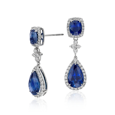 Sapphire and Diamond Drop Earrings in 18k White Gold (8.21 cts) (11x7mm ...