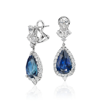 Pear Shape Sapphire and Diamond Drop Earrings in 18k White Gold | Blue Nile