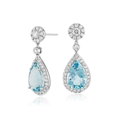 Pear-Shaped Aquamarine and Diamond Halo Drop Earrings in 18k White Gold ...