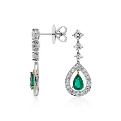 Pear Shape Emerald and Diamond Halo Drop Earrings in 18k White Gold ...