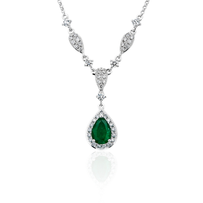 Pear Shape Emerald and Round Diamond Necklace in 14k White Gold (7x5mm ...