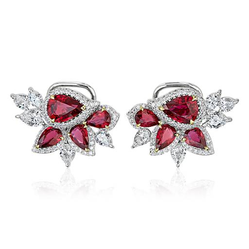 925 Sterling Silver Pear Ruby /& Diamond Cluster Drop Hook Earrings