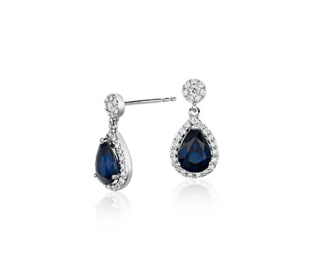 Pear Shape Sapphire and Diamond Halo Drop Earrings in 18k White Gold ...