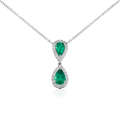 Pear-Shaped Emerald and Diamond Classic Drop Pendant in 18k White Gold ...