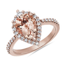 NOUVEAU Morganite forme poire avec halo de diamant en or rose 14 carats