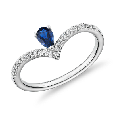 Pear-Shaped Sapphire and Diamond Chevron Ring in 14k White Gold (5x3mm ...