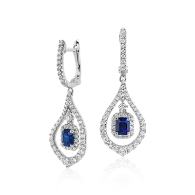 Pear Shaped Sapphire Double Halo Drop Earrings in 14k White Gold | Blue ...