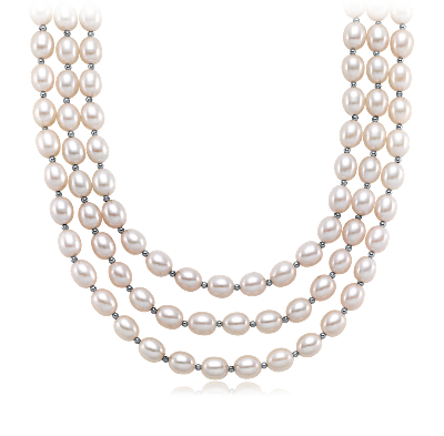 Triple Strand Oval Freshwater Cultured Pearl Necklace With Sterling