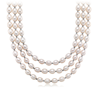 Triple Strand Oval Freshwater Cultured Pearl Necklace with Sterling