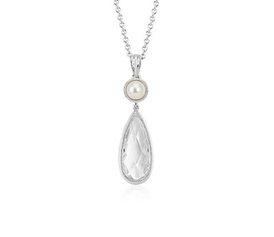 Vintage-Style Freshwater Cultured Pearl and White Topaz Drop Pendant in Sterling Silver Vintage-Style Freshwater Cultured Pearl and White Topaz Drop Pendant in Sterling Silver