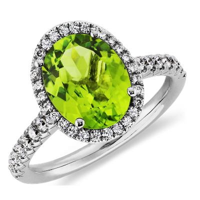 Peridot And Diamond Halo Ring In 18k White Gold 10x8mm Blue Nile