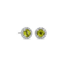Peridot and Micropave Diamond Halo Earrings in 14k White Gold