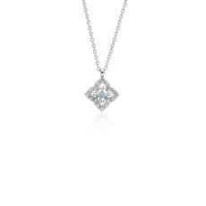 14k 白金小巧海蓝宝石和钻石花卉吊坠（2.8 毫米）