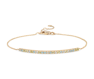 Petite Blue Topaz, Sky Blue Topaz and Peridot Bar Bracelet in 14k