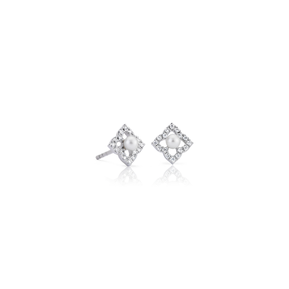"Petite Freshwater Cultured Pearl Floral Stud Earrings in 14k White Gold (2.4mm)"