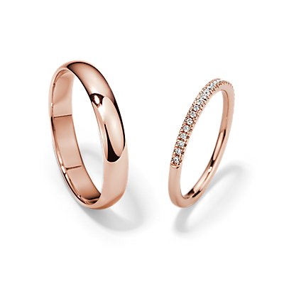 Conjunto de bodas de anillo clásico y anillo con micropavé pequeño en oro rosado de 14 k