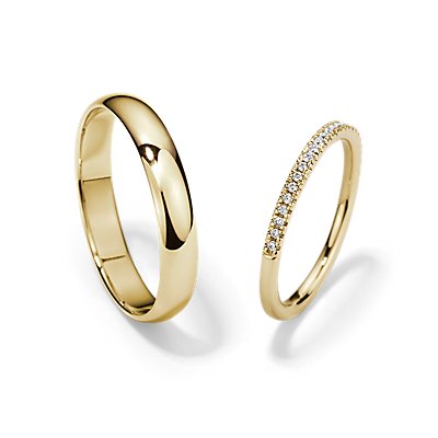 Petite Micropavé and Classic Wedding Ring Set in 14k Yellow Gold