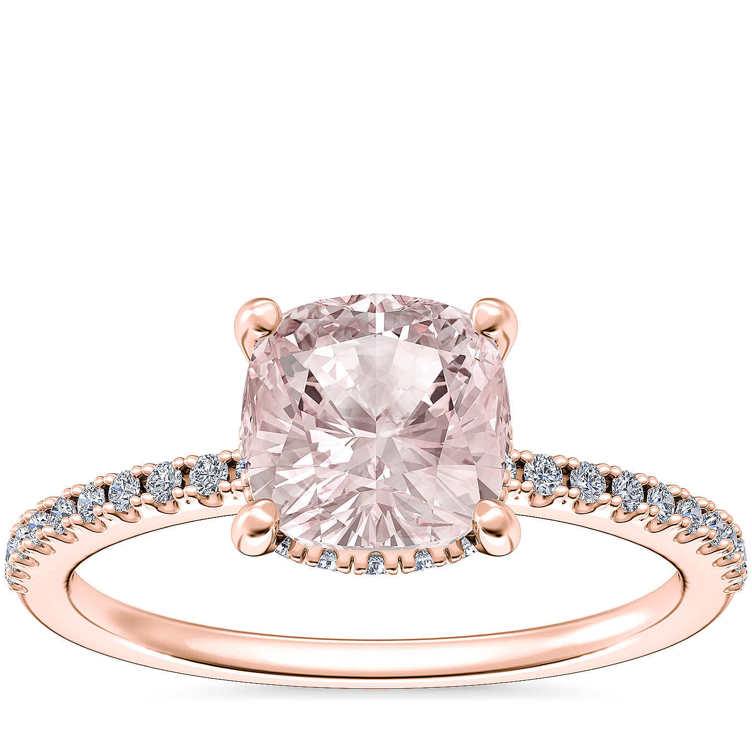 Petite Micropave Hidden Halo Engagement Ring with Cushion Morganite in 14k Rose Gold (6.5mm)