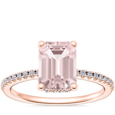 NOUVEAU Petite bague de fiançailles sertie micropavé avec halo de diamants dissimulé et morganite taille émeraude en or rose 14 carats (8 x 6 mm)
