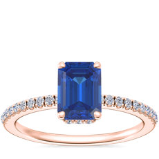 NEW Petite Micropavé Hidden Halo Engagement Ring with Emerald-Cut Sapphire in 14k Rose Gold (7x5mm)