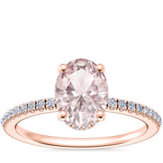 NOUVEAU Petite bague de fiançailles sertie micropavé avec halo de diamants dissimulé et morganite ovale en or rose 14 carats (8 x 6 mm)
