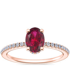 NEW Petite Micropavé Hidden Halo Engagement Ring with Oval Ruby in 14k Rose Gold (7x5mm)