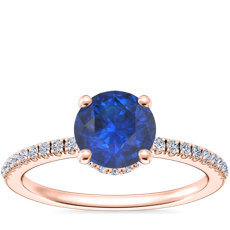 NEW Petite Micropavé Hidden Halo Engagement Ring with Round Sapphire in 14k Rose Gold (6mm)