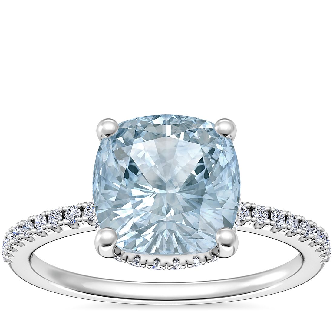 Petite Micropavé Hidden Halo Engagement Ring with Cushion Aquamarine in 14k White Gold (8mm)
