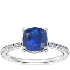 NEW Petite Micropavé Hidden Halo Engagement Ring with Cushion Sapphire in 14k White Gold (6mm)
