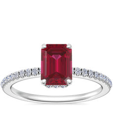 NEW Petite Micropavé Hidden Halo Engagement Ring with Emerald-Cut Ruby in 14k White Gold (7x5mm)