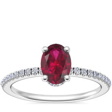 NEW Petite Micropavé Hidden Halo Engagement Ring with Oval Ruby in 14k White Gold (7x5mm)