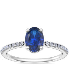 NEW Petite Micropavé Hidden Halo Engagement Ring with Oval Sapphire in 14k White Gold (7x5mm)