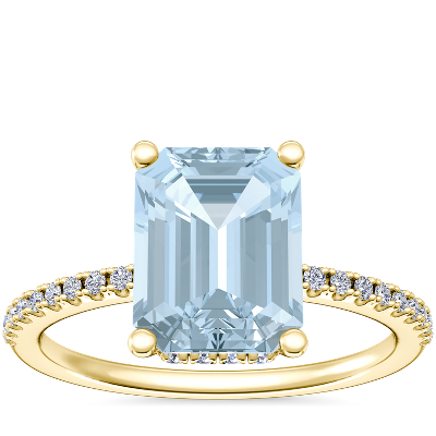 Petite Micropave Hidden Halo Engagement Ring with Emerald-Cut Aquamarine in 14k Yellow Gold (9x7mm)