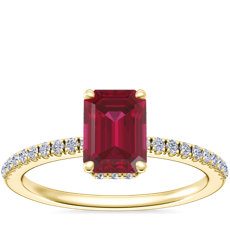 NEW Petite Micropavé Hidden Halo Engagement Ring with Emerald-Cut Ruby in 14k Yellow Gold (7x5mm)