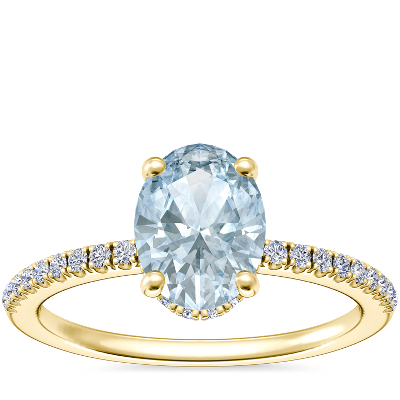 Petite Micropave Hidden Halo Engagement Ring with Oval Aquamarine in 14k Yellow Gold (8x6mm)