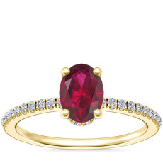 NEW Petite Micropavé Hidden Halo Engagement Ring with Oval Ruby in 14k Yellow Gold (7x5mm)