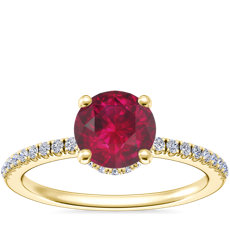 NEW Petite Micropavé Hidden Halo Engagement Ring with Round Ruby in 14k Yellow Gold (6mm)