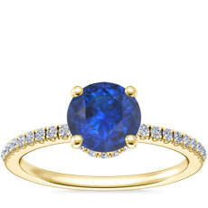 NEW Petite Micropavé Hidden Halo Engagement Ring with Round Sapphire in 14k Yellow Gold (6mm)