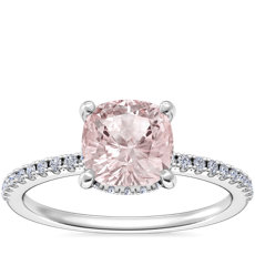 NEW Petite Micropavé Hidden Halo Engagement Ring with Cushion Morganite in Platinum (6.5mm)