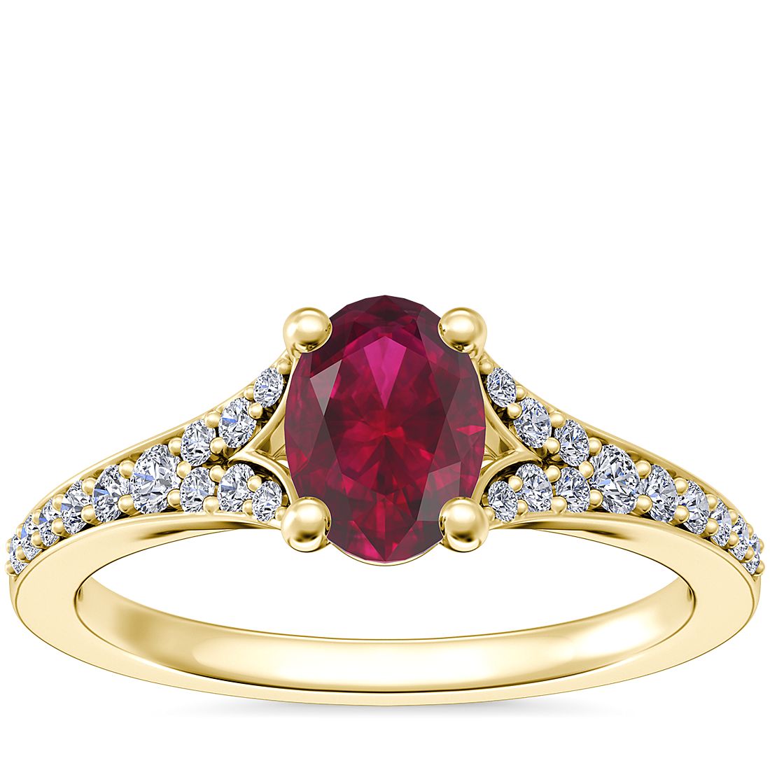 Petite Split Shank Pavé Cathedral Engagement Ring with Oval Ruby in 14k Yellow Gold (7x5mm)