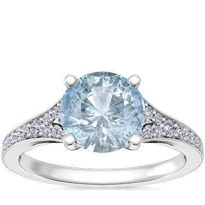 Petite Split Shank Pavé Cathedral Engagement Ring with Round Aquamarine ...