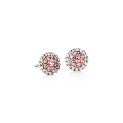 Pink and White Diamond Halo Stud Earrings in Platinum and 18k Rose Gold ...