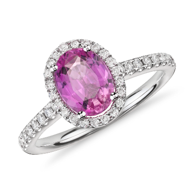 Pink Sapphire and Micropavé Diamond Halo Ring in 14k White Gold (8x6mm ...