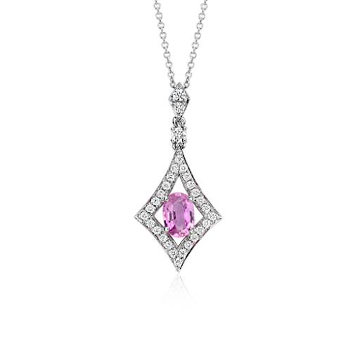 Pink Sapphire and Diamond Drop Pendant in 18k White Gold (7x5mm) | Blue ...