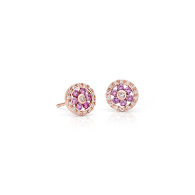 Pink Sapphire and Diamond Floral Stud Earrings in 14k Rose Gold (1.5mm ...