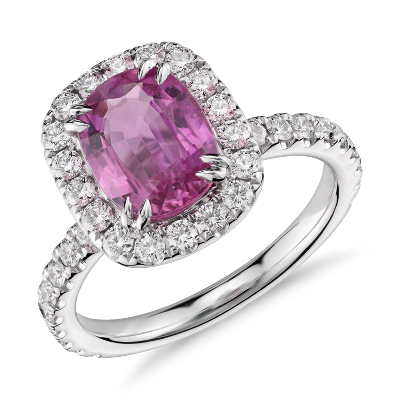 Pink Sapphire and Diamond Halo Ring in 18k White Gold (2.04 ct. center ...