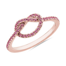 新款 14k 玫瑰金粉色蓝宝石“爱之结”时尚戒指