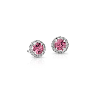 Pink Tourmaline and Micropavé Diamond Stud Earrings in 18k White Gold ...