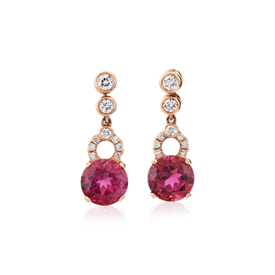 Pink Tourmaline Earrings with Bezel-Set Diamond Drop in 18k Rose Gold ...
