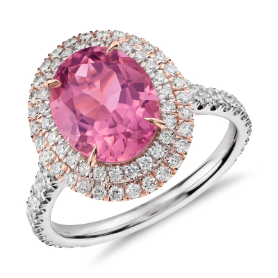 Ring pink diamond tourmaline rose halo gold white ct 18k pavé double center bluenile